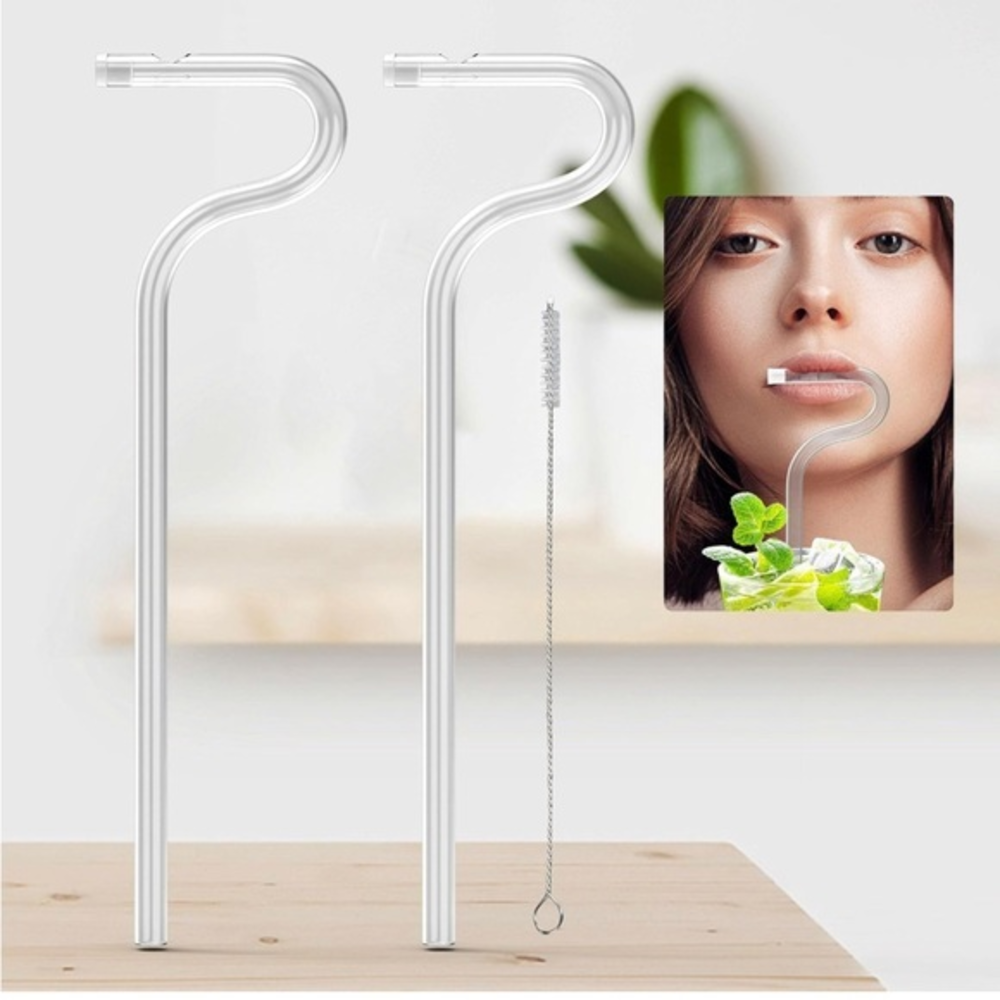 Reusable Glass Drinking Straws‎ & Cleaning Brush - Flute Style - Anti-Wrinkle